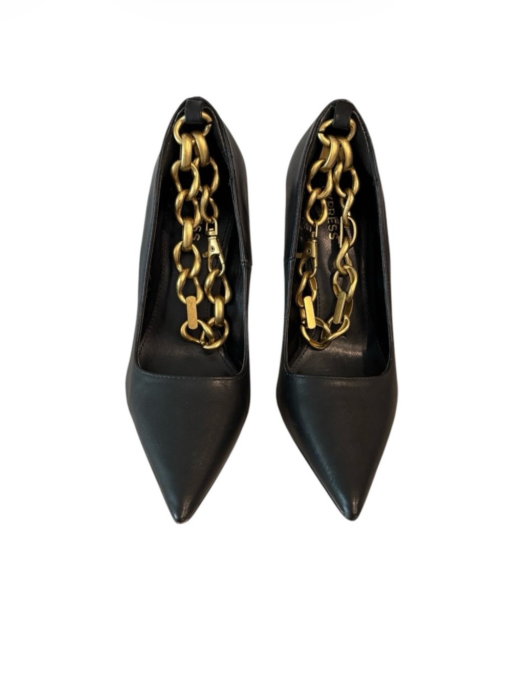 Black Pointed Toe Pumps with Gold Chain Ankle Detail